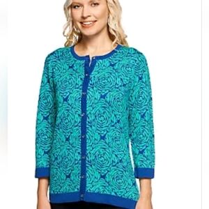 Isaac Mizrahi Live! Teal/Purple Button Front Rose Print Cardigan. Size XS